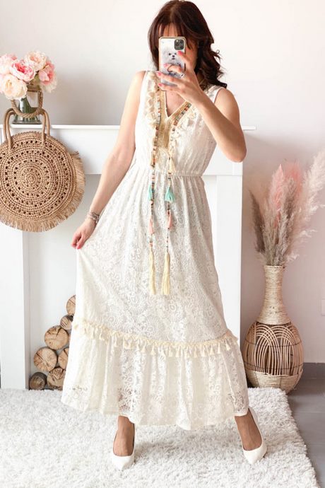 Billiga vit spets lång klänning